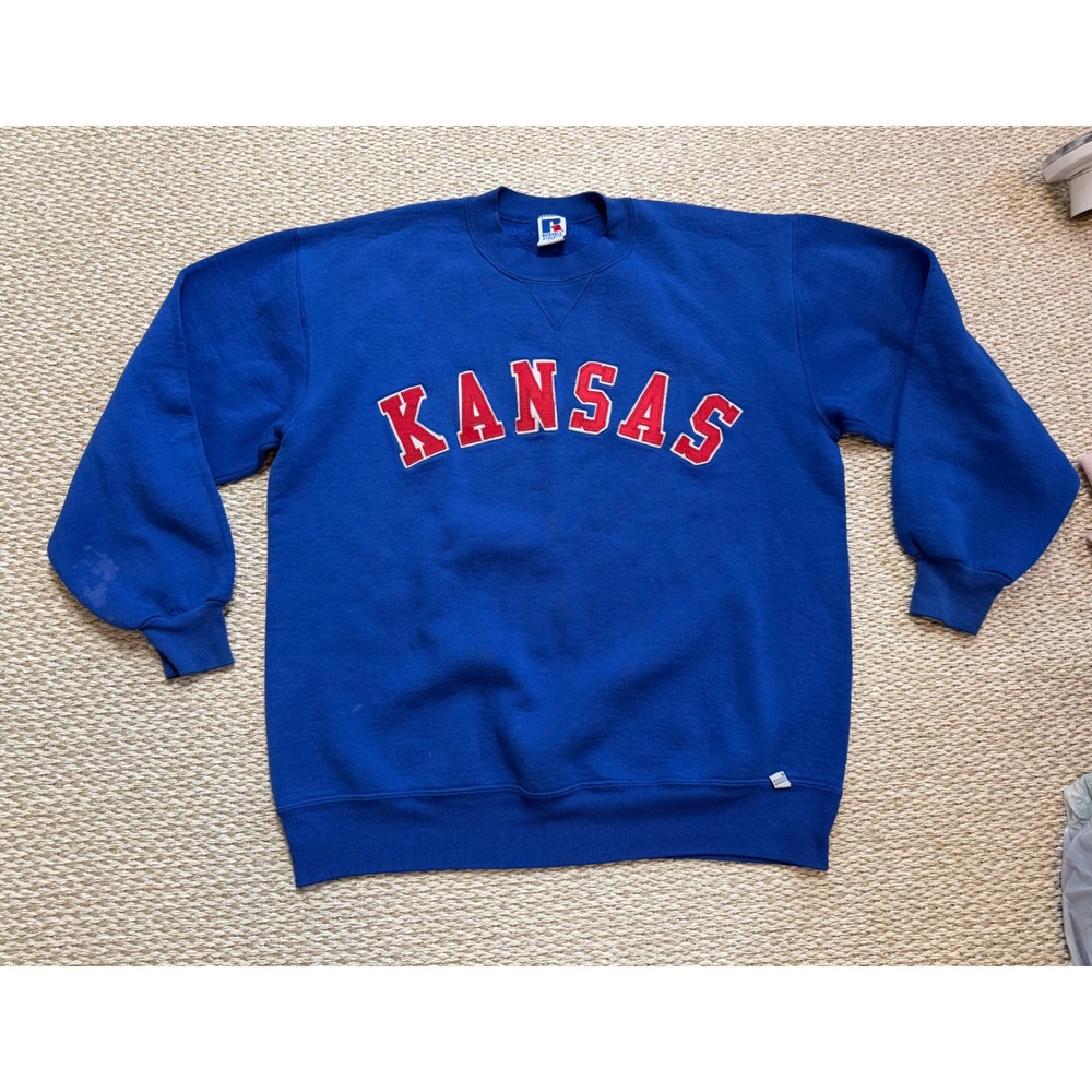 Vintage Russell Athletic‎ Kansas Sweatshirt XXL Blue Spellout Made in USA 90s